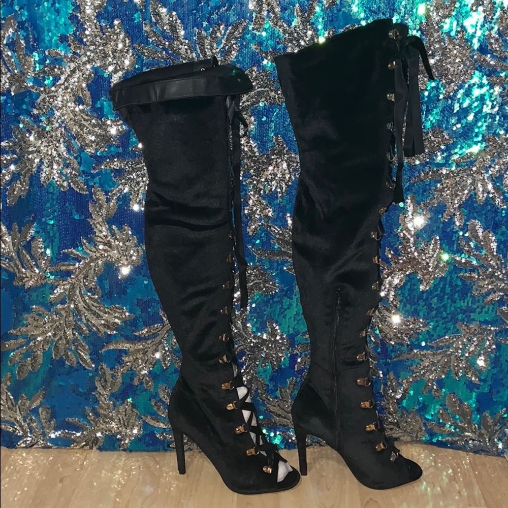 Black Velvet Thigh High Laced Heeled Boots
